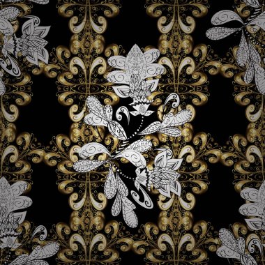 Siyah, beyaz ve kahverengi renkleri altın elemanları ile Seamless modeli. Klasik vektör altın Dikişsiz desen. Geleneksel şark süsleme, klasik vintage arka plan.