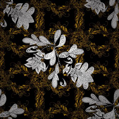 Vektör oryantal tarzı Arabesk. Sorunsuz altın doku bukleler. Ajur narin altın desen. Stilize çiçek desenli. Siyah, beyaz ve kahverengi renkleri altın elemanları ile Seamless Modeli.