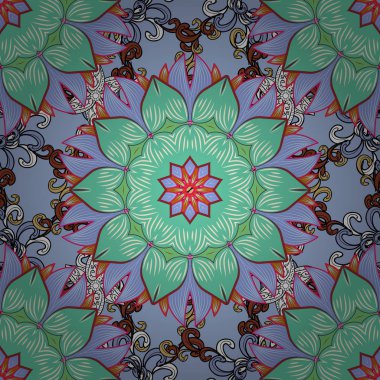 Düz çiçek öğeleri tasarım. Sorunsuz çiçek desenli vektör çizim içinde. Yaz tema Dikişsiz desen arka plan rengi. Mavi, yeşil ve nötr renkler çiçekler.