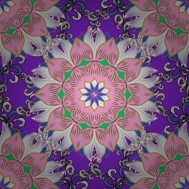 Seamless modeli. Çiçek kroki. Vektör çizim. Pembe, mor ve nötr renkler. Hint süsleme. Renkli süs kenarlık.