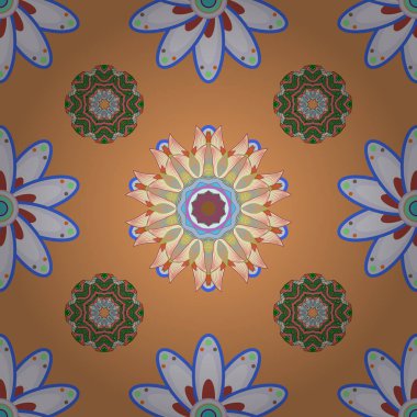 Tekstil, kumaş üzerine baskı için kroki. Vektör tasarımı. Renkli çiçek desenli, turuncu, gri ve tarafsız ve dekoratif öğeler ile Seamless modeli. Vintage retro tarzı. Sorunsuz arka plan.