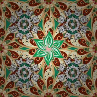 Vektör soyut desen. Bej, kahverengi ve yeşil renkler renkli mandala çizilmiş.