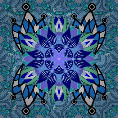 Vektör çizim. Çiçek. Mavi, siyah ve beyaz renkler. Sorunsuz dekoratif arka plan, çiçek mandala.