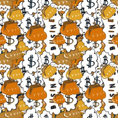 Bitcoin. Dolar. Vektör. Sarı, beyaz ve turuncu zemin üzerine iş desen. Kesintisiz iş desen.