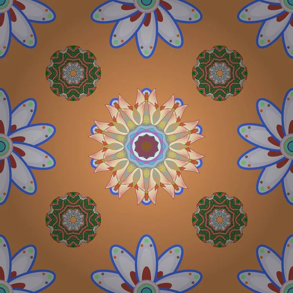 Tekstil, kumaş üzerine baskı için kroki. Vektör tasarımı. Renkli çiçek desenli, turuncu, gri ve tarafsız ve dekoratif öğeler ile Seamless modeli. Vintage retro tarzı. Sorunsuz arka plan.