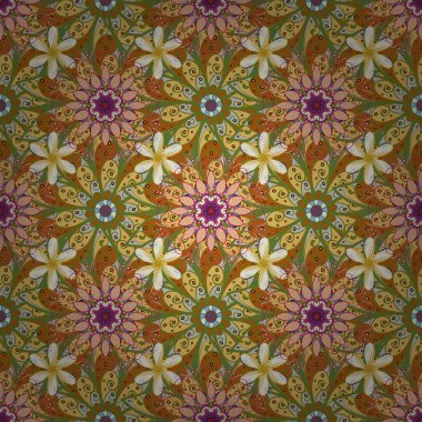 Çiçek Dikişsiz desen arka plan. Yeşil, sarı ve turuncu renklerde çiçekler. Çiçek boyama vektör t shirt baskı için.