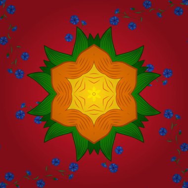 Bahar Tema Dikişsiz desen arka plan rengi. Düz çiçek öğeleri tasarım. Çiçek yeşil, turuncu ve kırmızı renkler. Sorunsuz çiçek deseni. Vektör çizim. Asya tekstil tarzında.