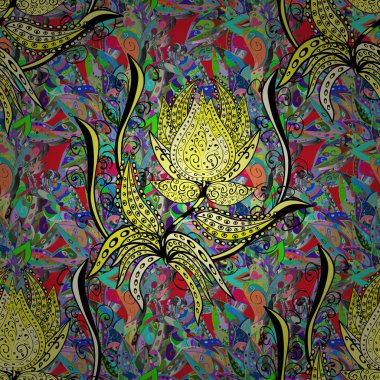 Halk tarzı. İnanılmaz sorunsuz çiçek desenli parlak renkli çiçek ve yaprak yeşil, sarı ve siyah renkler ile. Modern çiçek arka plan. Şık moda için şablon yazdırır.