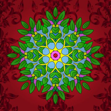 Bahar Tema Dikişsiz desen arka plan rengi. Düz çiçek öğeleri tasarım. Mavi, kırmızı ve yeşil renklerde çiçekler. Sevimli çiçek vektör desen.