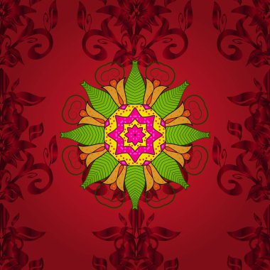 Vektör çizim. Dikişsiz desen suluboya çiçek desenli, kroki, kart veya kumaş için tileable sevimli çiçekler ve kırmızı, yeşil ve sarı renkler, yapraklarda.