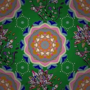 Düz çiçek öğeleri tasarım. Sevimli çiçek vektör desen. Bahar Tema Dikişsiz desen arka plan rengi. Yeşil, tarafsız ve bej renkler çiçekler.