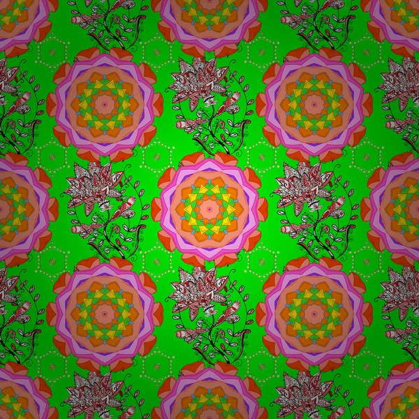 Vector Tradicional Ramo Flores Folclóricas Colores Verde Naranja Rosa Para — Vector de stock