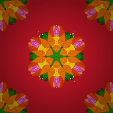 Çiçekleri kırmızı, turuncu ve yeşil renkler. Vektör çizim sorunsuz çiçek desenli.