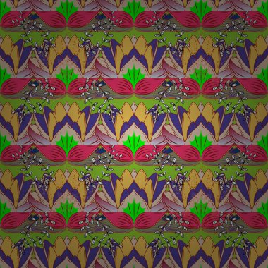 Lotus çiçekleri ile basit çiçek seamless modeli. Yeşil, sarı ve bej renkler yeşil, sarı ve bej anahat çiçekler. Paket kağıdı, baskı, moda için zarif Dekoratif süsleme kroki.