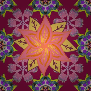 Çiçek Dikişsiz desen arka plan. Çiçekler mor, pembe ve sarı renkler. Çiçek boyama vektör t shirt baskı için.