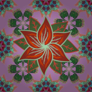 Çiçek kroki. Vektör çizim. Renkli seamless modeli. Çiçek arka plan. Tarafsız, yeşil ve kırmızı renkler sevimli Tekstil tarzında.