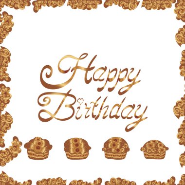 Mutlu doğum günü yazı metin afiş. Sorunsuz çerçeve. Güzel desen scrapbooking, tekstil, ambalaj, sketchs için. Vektör çizim. Resimde beyaz ve kahverengi renk.