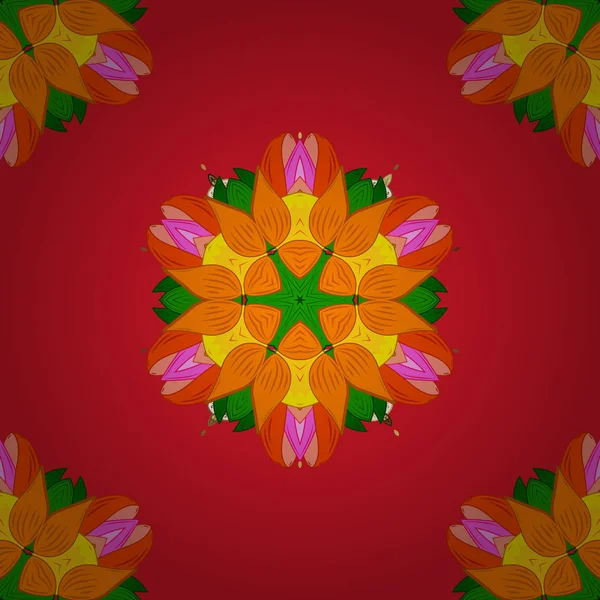 Çiçekleri kırmızı, turuncu ve yeşil renkler. Vektör çizim sorunsuz çiçek desenli.