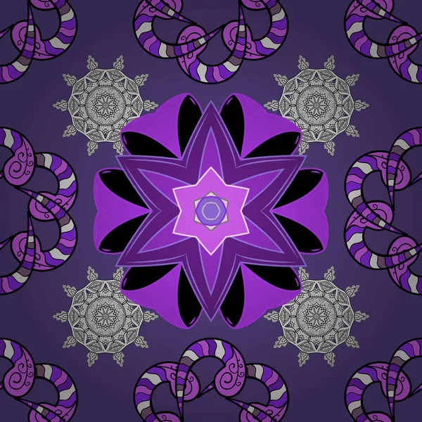 Suluboya çiçek seamless modeli çizilmiş öğeleri ver. Parlak renkli fantezi çiçekler, yaprakları, tomurcukları mor, siyah ve beyaz Menekşe, siyah ve beyaz renklerle üzerinde.