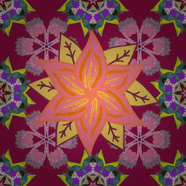 Çiçek Dikişsiz desen arka plan. Çiçekler mor, pembe ve sarı renkler. Çiçek boyama vektör t shirt baskı için.