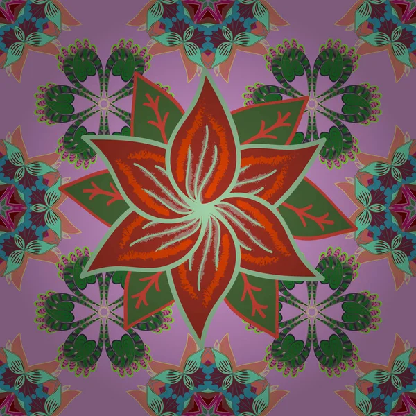 Çiçek kroki. Vektör çizim. Renkli seamless modeli. Çiçek arka plan. Tarafsız, yeşil ve kırmızı renkler sevimli Tekstil tarzında.