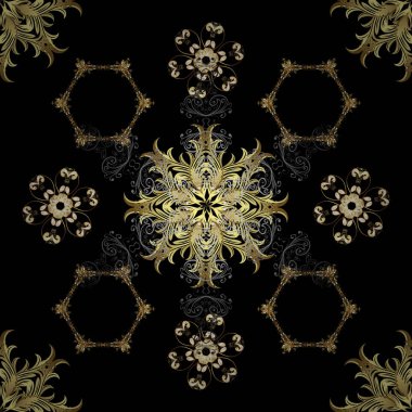 Çiçek desenli. Şık grafik desen. Sorunsuz vektör arka plan. Tarafsız ve siyah renkleri altın öğelerinde. Kroki Barok, Şam.