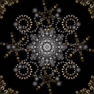 Senin tasarım kroki. Altın rengi Dikişsiz illüstrasyon. Siyah ve gri renkler altın çiçek elemanları ile altın seamless modeli. Vektör geometrik arka plan.