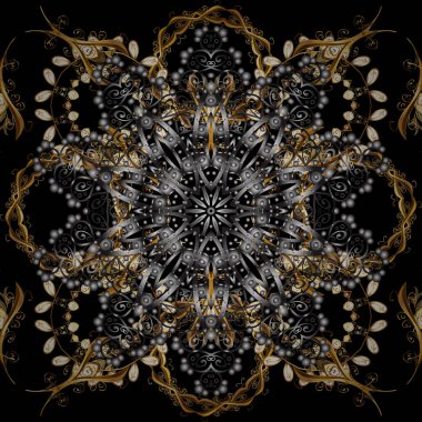 Siyah ve gri renkler desen. Kına dövme, altın çıkartmalar, tasarım, mehndi ve yoga ile süs çiçek öğeleri kartları ve yazdırır. Vektör altın mehndi seamless modeli.