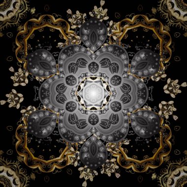 Vektör altın antika çiçek Ortaçağ dekoratif, yaprakları ve altın desen süsler siyah ve gri renkler ile seamless modeli. Sorunsuz kraliyet lüks altın Barok damasko vintage.