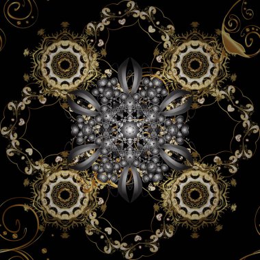 Noel, kar tanesi, yeni yıl 2019. Gri ve siyah renkleri altın elemanları ile sorunsuz vintage desen.