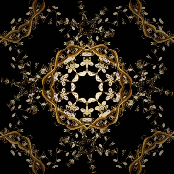 華麗なレース 様式化された花 ペイズリー オリエンタル スタイル アラベスク 透かし彫りの繊細な黄金パターン 黄金の要素を持つ黒い色でシームレスなパターン ベクトル シームレスな黄金テクスチャー — ストックベクタ