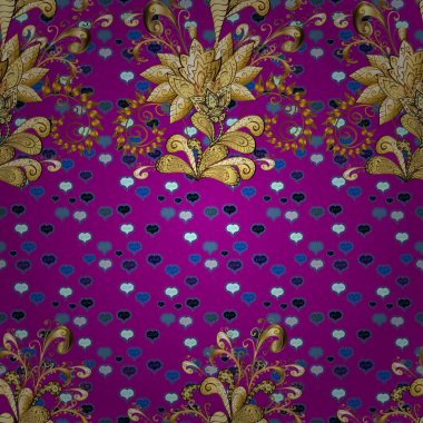 Mor, mavi, kahverengi renk desen vektör altın. Kış, neşeli Noel tatili, mutlu yeni yıl 2019 sembolü. Altın kar tanesi basit seamless modeli. Soyut kroki, dekorasyon sarma.