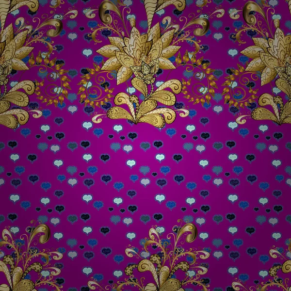 Mor, mavi, kahverengi renk desen vektör altın. Kış, neşeli Noel tatili, mutlu yeni yıl 2019 sembolü. Altın kar tanesi basit seamless modeli. Soyut kroki, dekorasyon sarma.