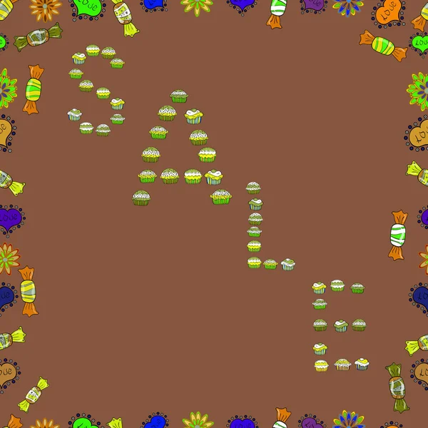 Logo Satılık, vermek ve sanat illüstrasyon, indirim, kapandı, Hediyelik eşya, Dükkanı. Vektör. Seamless modeli. İllüstrasyon kahverengi, yeşil ve sarı renklerde. Afiş için promosyon tasarım el çekilmiş