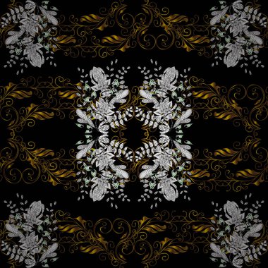 Siyah, beyaz ve kahverengi renkleri altın. Dekoratif simetri Arabesk. Doğum günü, davet veya afiş için tebrik kartı için iyi. Dikişsiz desen Ortaçağ çiçek Kraliyet desenli. Vektör çizim.