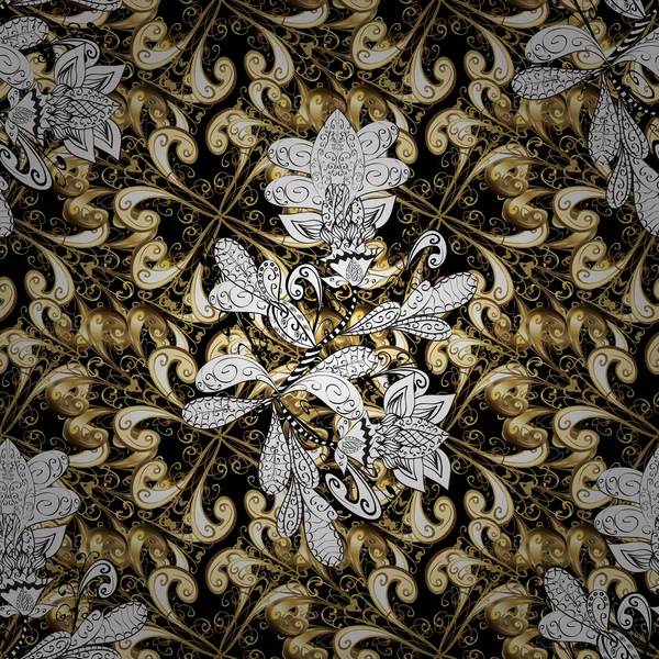 Vektör çizim. Siyah, beyaz ve bej renkler altın elemanları ile Vintage seamless modeli.