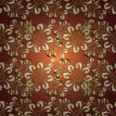 Vektör. Bej ve kahverengi renkleri altın elemanları ile Seamless modeli. Oryantal tarzı Arabesk. Parlak dantel, stilize çiçekler, paisley. Sorunsuz doku bukleler. Ajur narin altın desen.