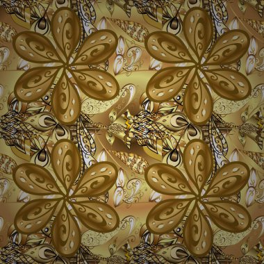 Sarı ve kahverengi renklerde altın sarısı, pürüzsüz desen. Sarı ve kahverengi renklerde ve altın elementlerle kusursuz klasik desen. Noel, kar tanesi, yeni yıl.