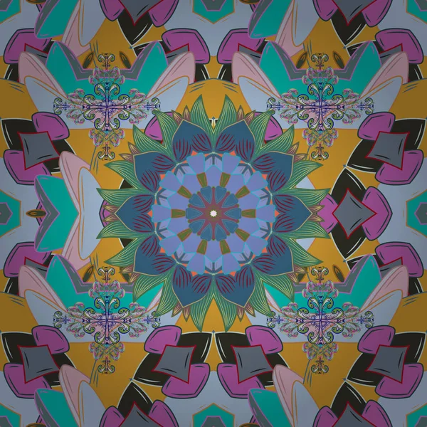 Retro Tekstil tasarım koleksiyonu. Bağımsız, tarafsız, mavi, yeşil ve mavi yeşil. İpek eşarp çiçek açan çiçekler ile. Elle çizilmiş çiçek elemanları ile soyut sorunsuz vektör desen. 1950'lerde 1960'larda motifleri