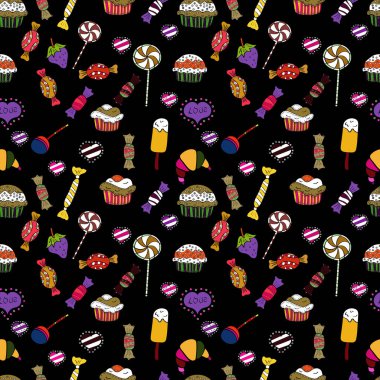 Vektör siyah, sarı ve beyaz şeker ile seamless modeli. Tekstil, kartlar, için tatlı web tasarım: lezzetli gerçekçi seamles arka plan: grafik fantastik şeker.