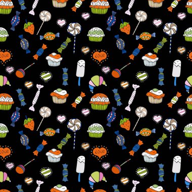 Güzel doğum günü turuncu, beyaz ve siyah arka plan. Kağıt ambalaj. Vektör çizim. Kek ile Seamless Modeli.