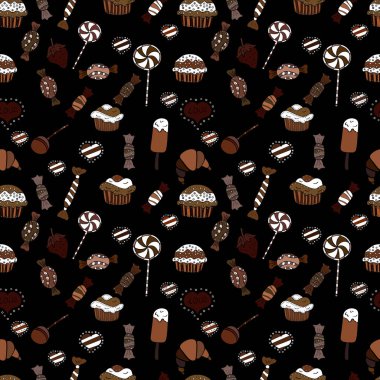 Şirin doğum günü arka plan üzerinde siyah, beyaz ve kahverengi. Seamless modeli ile elle çizilmiş doodle tatlılar: Top kek, kek, pasta, kek. Vektör çizim.