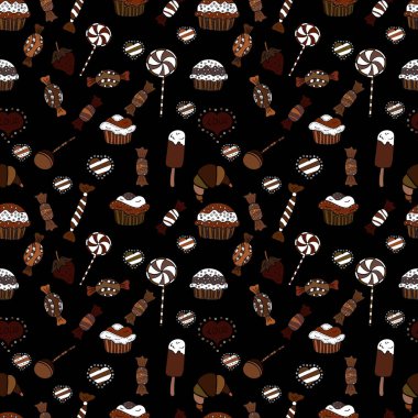 Dekoratif çizim, basım için iyi. Romantik süs, fon tasarımı. Kusursuz kekler el çizimi, kusursuz desen. Şekerleme koleksiyonu ile renkli arkaplan vektörü.