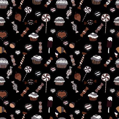 Tatlılar - dondurma, sevimli siyah, kahverengi ve beyaz zemin üzerine izole kek ile Seamless modeli. Vektör sanat. Doğum günü kartı, ambalaj, tekstil, kumaş, kroki çocuk menüsü için kullanabilirsiniz.