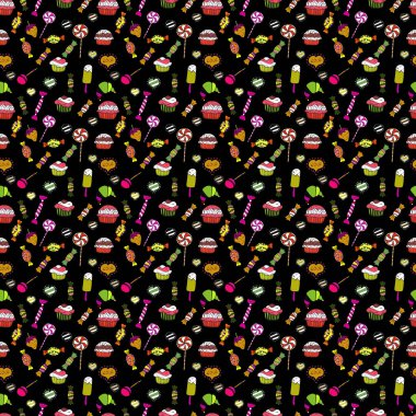 Güzel yemek tasarım öğeleri, baskılar ve desenler için mükemmel. Vektör çizim. Siyah, beyaz ve sarı elle çizilmiş lezzetli kekler seamless modeli.