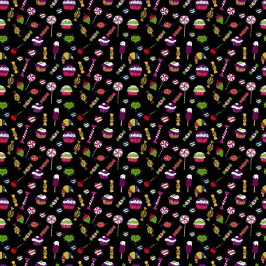 Vektör çizim. Cupcake desen. Sorunsuz elle çizilmiş vintage tatlı kek ve kurabiye. Siyah, beyaz ve mor güzel doğum günü desen.