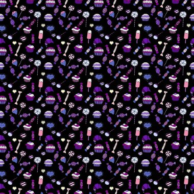 Parmak izi, Dekorasyon, kumaş için doku. Cupcake seamless modeli. Siyah, mor ve mor renkli krem tatlı zemin. Muffin tatlı doku arka plan. Vektör.
