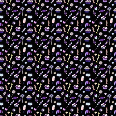 Kızlar, kağıt ambalaj için zemin. Sorunsuz kek desen. Vektör çizim. Gıda öğeleri renkli tekrarlanan kroki üzerinde tarafsız, siyah ve beyaz.