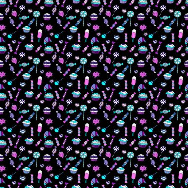 Sorunsuz arka plan kek. Sulu boya resim. Seamless modeli. Şirin doğum günü arka plan Mor, siyah ve mavi. Vektör çizim. Cupcake, macaron, kurabiye.