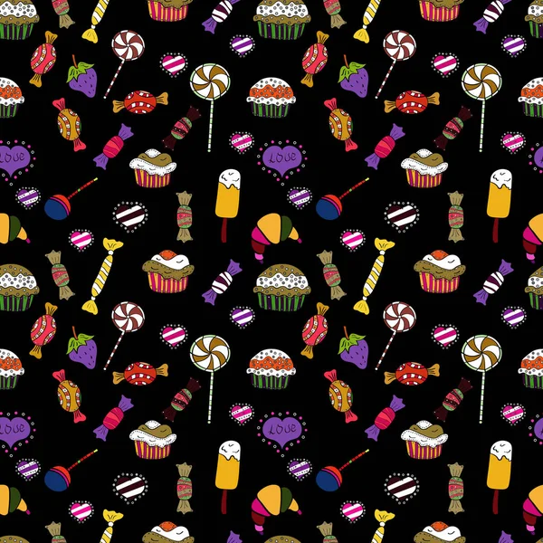 Vektör siyah, sarı ve beyaz şeker ile seamless modeli. Tekstil, kartlar, için tatlı web tasarım: lezzetli gerçekçi seamles arka plan: grafik fantastik şeker.